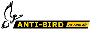 ANTI-BIRD FK-Farm Kft. logó, amely egy repülő madarat és sárga-fekete szöveges dizájnt ábrázol